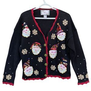 Vintage Ugly Sweater Cardigan Women Size Medium Santa Claus Beaded Sequins Trim